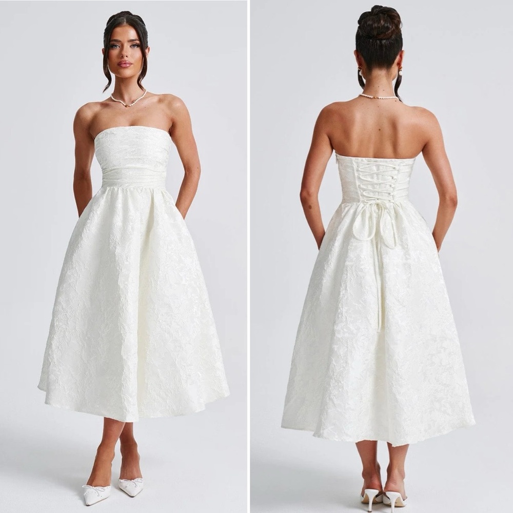 Elegant White Strapless Midi Dress